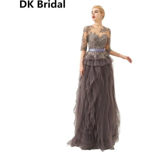 2019 New Custom Made Elegant A-Line Illusion Evening Dresses Lace Half Sleeve Robe De Soiree Long Gown Special Occasion Dress