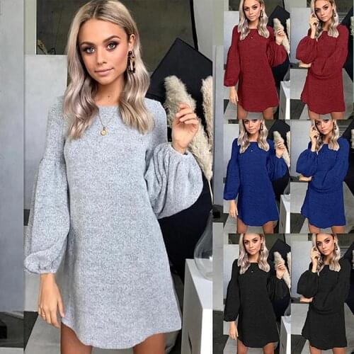 S-2XL Plus Size Women Winter Dress Long Sleeve Knit Sweater Clothes Casual Ladies Mini Dresses Autumn Female Costume 4 Color