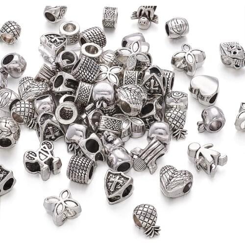 100pcs Jewelry Beads Alloy European Beads Large Hole Beads Antique Silver Color about 7~13mm long