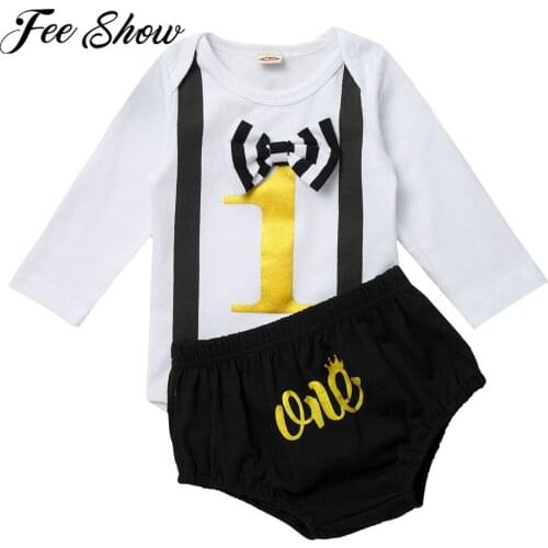 2Pcs Newborn Baby Boys Clothes 1st Birthday Set Long Sleeves Printed 1 Infant Romper and Elastic Waistband Shorts Baby Clothing