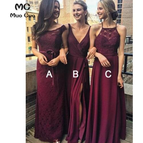 2019 A-Line Spaghetti Straps Burgundy Bridesmaid Dress with Lace Chiffon Wedding Party Dress Women Bridesmaid Dresses