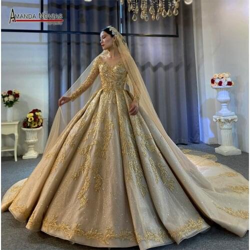 2022 Long Sleeves Champagne Luxury Ball Gown Wedding Dress With Long Train