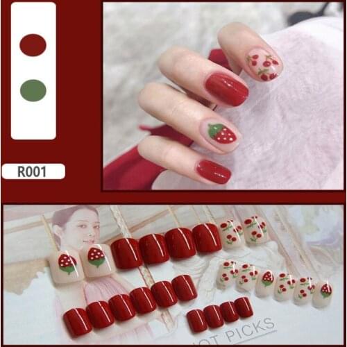 24Pcs/Pack Fake Nails Strawberry Pattern Tips With Glue Full Cover Designs Removable Art Nail Sticker Ｍanicure Tools Accessory