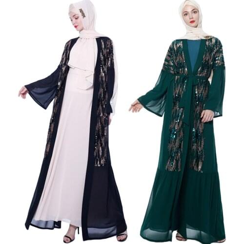 Abaya Sequins Women Open Cardigan Dubai Muslim Long Sleeve Maxi Dress Kimono Jilbab Arab Islamic Clothing Middle East Robe Gown