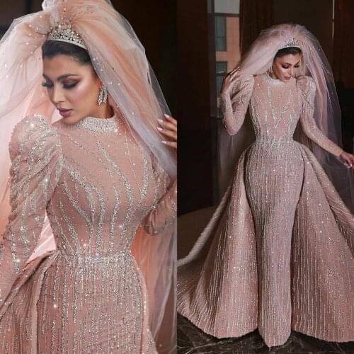 Arabic Beading Mermaid Wedding Dresses With Detachable Train 2020 Long Sleeves Crystal Wedding Gowns Luxurious robes de mariée