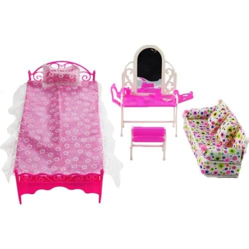 Free Shipping 3 Items/Lot Doll Furniture Doll Bed+Dressing Table+Flower Cloth Sofa Girl Gift Kid Play House Toy For 12 Inch Doll