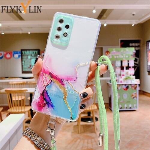 Camera Protection With Straps Phone Case sFor Samsung Galaxy A72 A52 S21 FE S21 Ultra A32 A12 A22 5G Soft Silicone Marble Cover