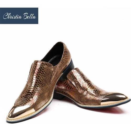 Christia Bella Summer Men Dress Shoes Leather Gentleman Party Business Classic Suit Shoes Metal Tip Gold Wedding Party Shoes