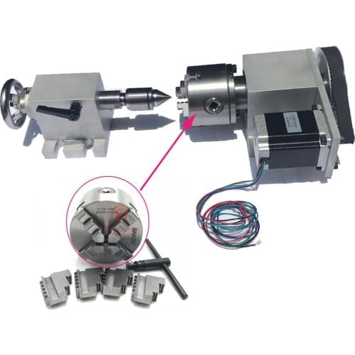 CNC 4th Rotary Axis 4Jaw 100mm Lathe Chuck Nema 23 Stepper Motor for CNC Router Engraver K12-100 Rotation Axis +MT2 Tailstock