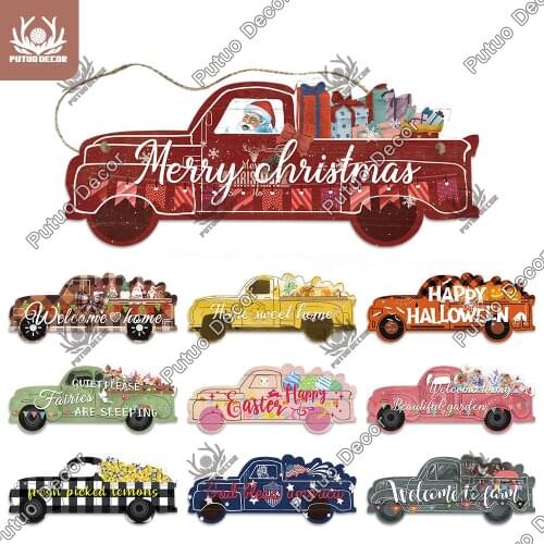 Putuo Decor Welcome Sign Truck Shaped Wooden Sign Christmas Hanging Plaques Family Home Living Room Halloween Wall Decor Gift