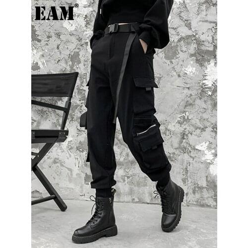 [EAM] High Elastic Waist Blak Pocket Long Ribbons Cargo Trousers New Loose Fit Pants Women Fashion Spring Autumn 2021 1DD2970