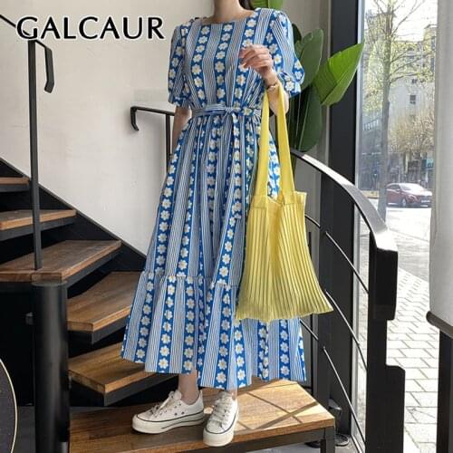 GALCAUR Vintage Dress For Women O Neck Puff Short Sleeve Hit Color High Waist Lace Up Korean Dresses Female 2021 Spring Clothing