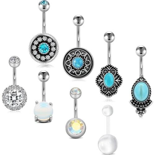 Belly Button Rings Surgical Steel Synthesis Opal Blue CZ Vintage Style Navel Belly Rings Belly Piercing for Women Girl