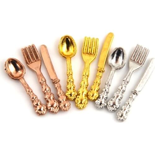 Kitchen Food Furniture Toys 12PCS/set(4PCS Fork+4PCS Knife+4PCS Soup Spoon) Tableware for 1:12 Dollhouse Miniature Accessories