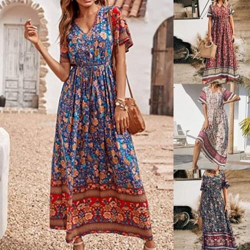 Summer Dress Floral Pattern Loose Female V-neck High Waist Dress Ladies Casual Loose Maxi Sundress Vestidos Plus Size vestidos