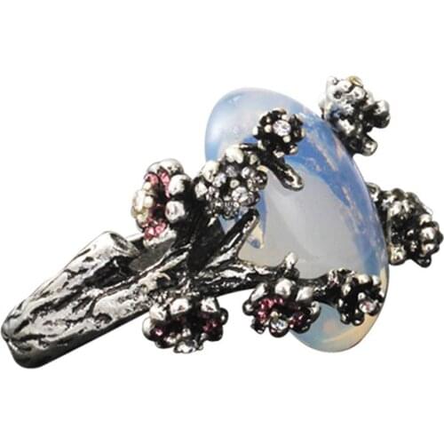 Fashion Style Popular Retro Women Creative Hollow Oval Gemstone Plum Branch Ring
