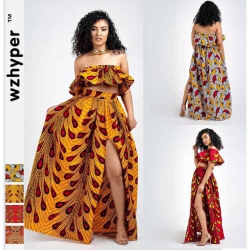 Fashion Dashiki African Style Womens Suit Sexy Shirt Skirt Printed Word Shoulder Lantern Sleeve Shirt High-Split Loose Skirt