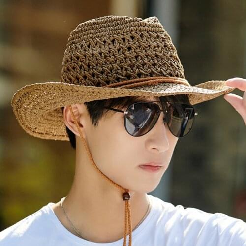 Outdoor Cowboy Hat Mens Summer Hand-made Cowboy Straw Cap Male Casual Fishing Climbing Sun Protection Breathable Hats