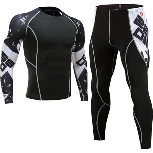 Mens sport running set compression t-shirt + pants skin hoop long sleeves fitness rashguard mma workout clothes gym yoga suits