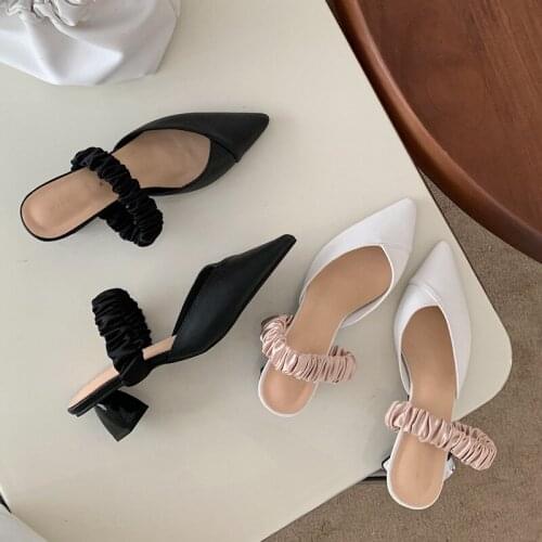 2021 Women Mules Sexy Pointed-Toe Elegant Low Heel Ladies Slippers Slip on Leisure Design Ladies Office Shoes Beige Pumps Female