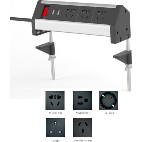 Aluminum Alloy Table Clamp Metal Socket Office Desktop Countertop Meeting Room Outlet Standard Power Socket With 2 Usb Port