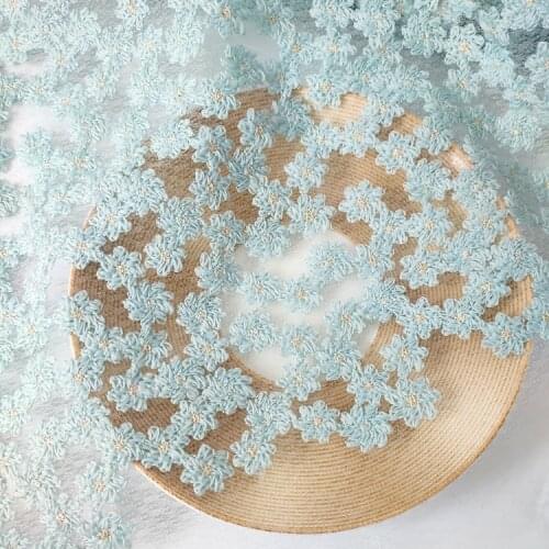 One meter high quality blue gauze fabric Milk and gold thread Daisy embroidery tissu Wedding dress skirt costume handwork sewing
