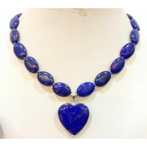 Natural New13x18mm natural lapis lazuli oval & love pendant necklace 18 "