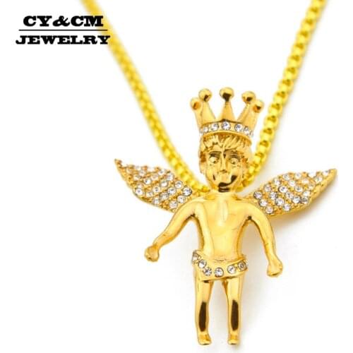 Men Stainless Steel Gold Silver Color Mini Crown Angel King Piece Pendant Charm Hiphop Necklace Women Iced Out Hip Hop Jewelry