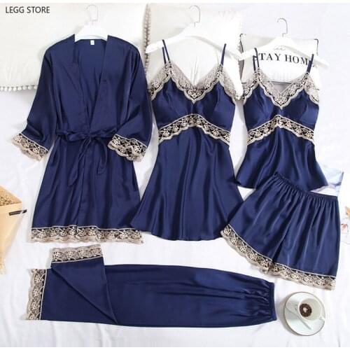 Navy Blue Pajamas Sets Women Satin 5PCS Sleepwear Soft Silky Pyjamas Suit Female Casual Kimono Bathrobe Gown Home Wear