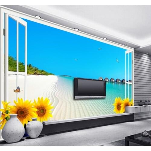 Custom 3 d stereoscopic wallpaper, window beach sunflower paintings for the sitting room bedroom TV wall vinyl papel DE parede