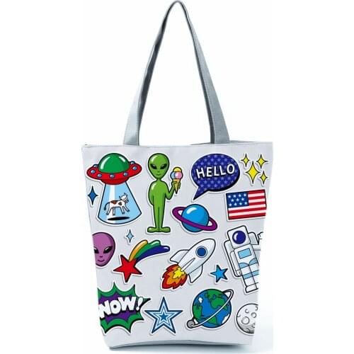 Alien Astronaut Printed Handbags All-Match Womens Casual Bag High Capacity Shoulder Bag Portable Shopping Bag Eco Friendly Tote