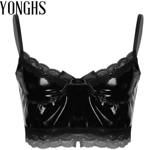 Mens Lingerie Sissy Crop Top Punk Gothic Patent Leather Lace Trim Bowknot Sleeveless Sexy Vest Tops for Rock Concert Club