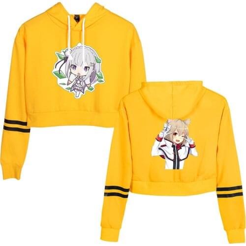 Anime Re:Life In A Different World From Zero Yellow Crop Top Hoodie Harajuku Cropped Sweatshirt Long Sleeve Hooded Pullover Tops