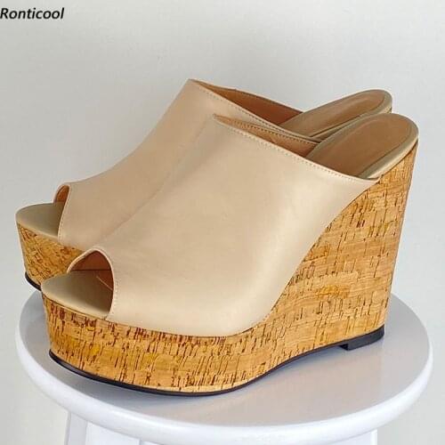 Ronticool Customize New Fashion Women Handmade Mules Sandals Sexy Wedges High Heels Open Toe Nice Nude Casual Shoes US Size 5-20