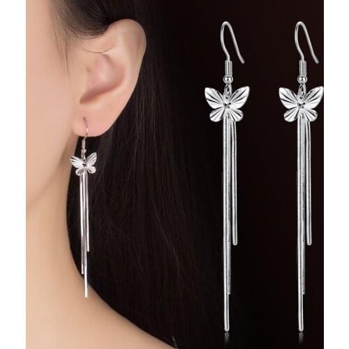 Womens Fashion Romantic Butterfly Drop Earrings With Long Chain Tassel Pendants Cute Charming Dangle Earring Accessory Jewelry