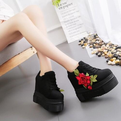 Women Flower Print Cotton Casual Shoes Lace Up Chunky Sneakers Platform Black and White Color Spring 2021