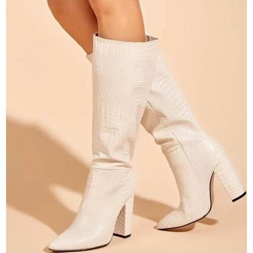 Women Knee High Boots Point Toe Croc Embossed Long Boots Female Warm Autumn Winter Shoes for Girls Western boots Female Footwear