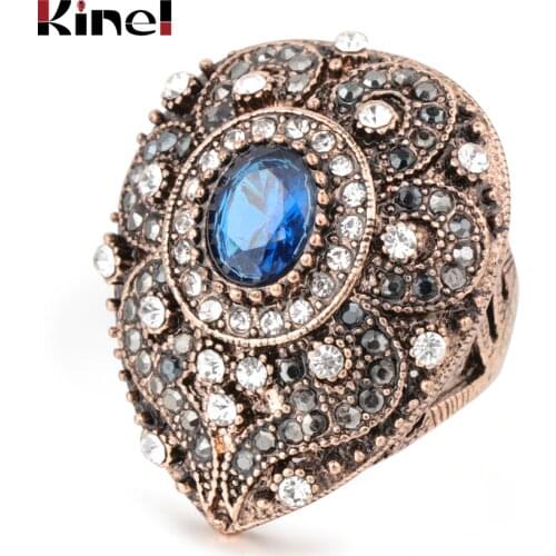 Kinel New Blue crystal Flower Antique Rings For Women Gold Color Vintage Wedding Bands Ring Engagement Jewelry Crystal Gift