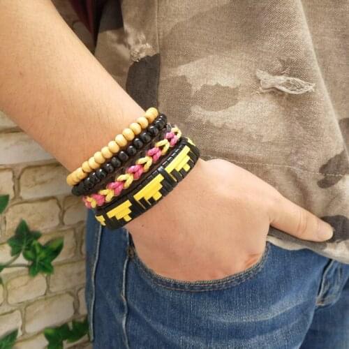 Women Bracelet in Charm Bracelets, Handmade Woven Leather Bracelet Wooden Beads Multi-layer Men Or Women Bracelet Jewelry