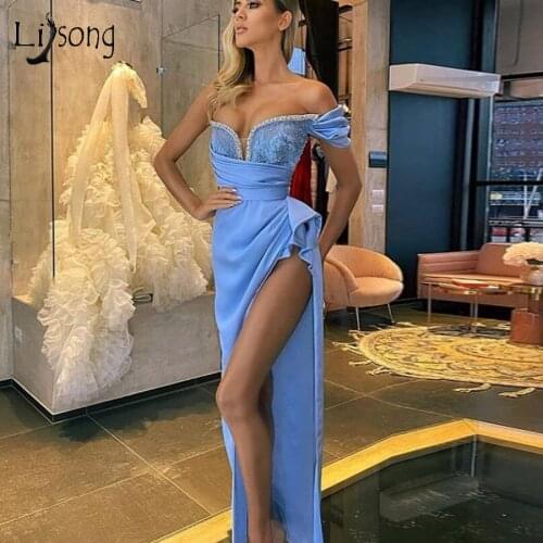 2020 Summer Sexy Blue High Side Split Prom Dresses Lace Pearls Long Prom Gowns Ruffles New Formal Dress Party