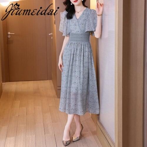 JiuMeiDai 2021 Women Summer Elegant A-Line Dress Office Lady Chiffon Print Robe Femme Vintage Designer Casual Party Clothing