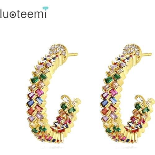 LUOTEEMI Gold Hoop Earrings for Women Rainbow Cubics Boha Hip Hop Gemstones Mama Earrings Gold Metal Circle Hoop Earrings Brinco