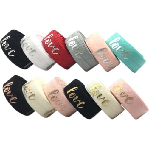 10yard 15mm Rose Gold Foil Love Print Fold Over Elastic Ribbon For Sewing Hair Tie Strap Backpack Decoration Accessories