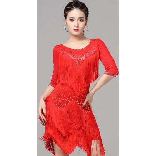 2021 7016 Half Sleeve Tassel Design Female Latin Dance Dress Women Dancing Performance Dress Ballroom Belly Dance Suit