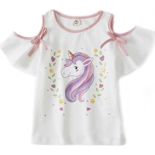 2021 Summer Girls Clothes Fashion Unicorn Dew Shoulder T-Shirt Children Short Sleeves White Pink Tees Baby Kids Pure Cotton Top