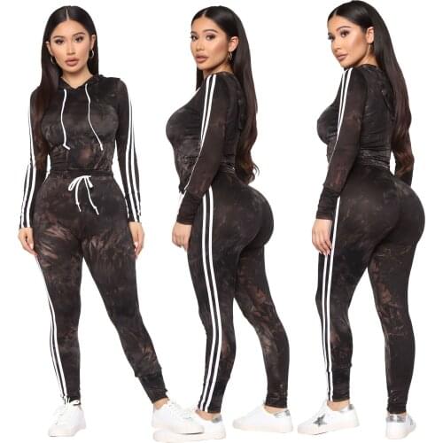 Black Slim Two-piece Set Long Sleeve Hooded Neck Tops High Waist Drawstring Pants Casual 2PC Sets Outdoor Sports Women Clothes