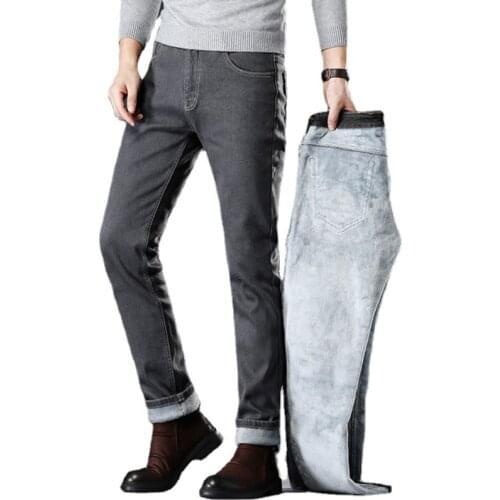 Winter Gray Jeans For Men Fleece Thicken Warm Denim Jeans High Quality Men Stretch Slim Fit Casual Long Jeans Elastic Pants 40