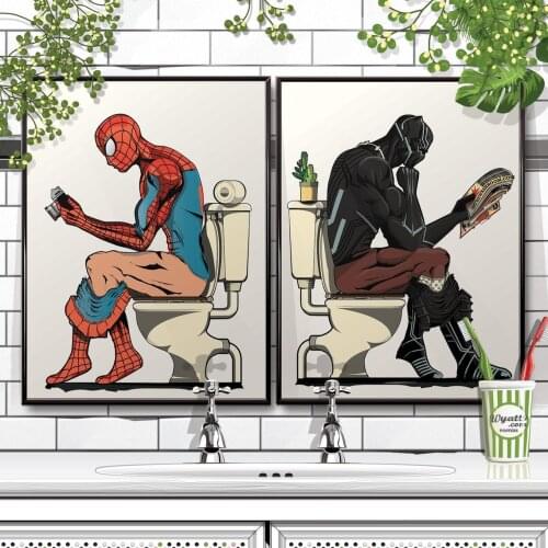 Funny Marvel Posters and Prints Canvas Painting Spider man and Black Panther in the bath Poster for Bathroom Restroom Home Decor