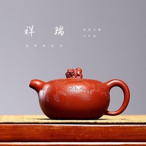 Red robe, red sand pot, auspicious pot, all hand-made gift, custom collection, a large teapot with engraved dragon kagai