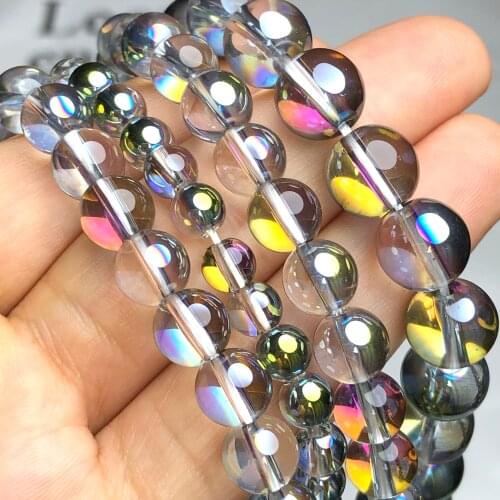 Round Multicolor Austria Crystal Rainbow Plated Glitter Moonstone Glass Beads 6/8/10mm Bead For Jewelry Making Diy Bracelet 15"